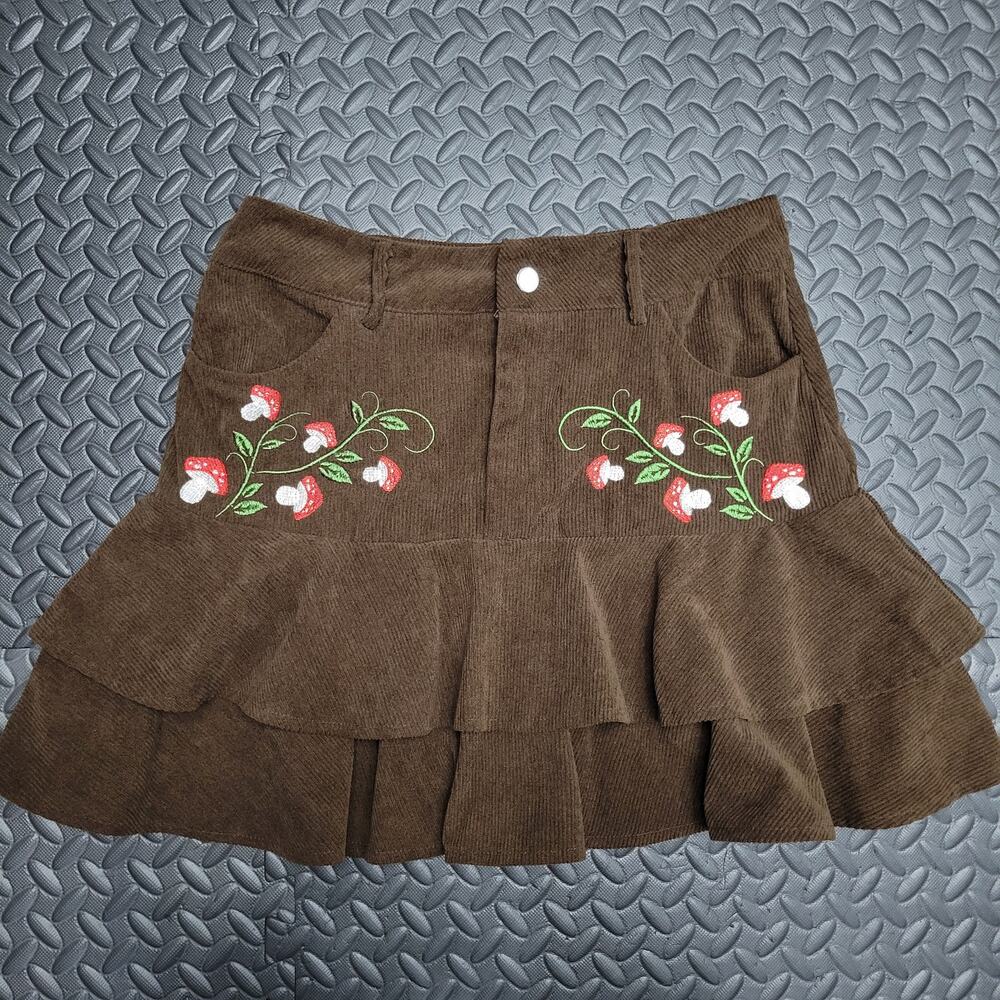 ROMWE Mushroom Embroidered Mini Skirt Medium Cottagecore Fairycore Boho Ruffle